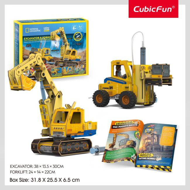 Cubic Fun - Joc Educativ STEM National Geographic puzzle 3D Excavator si Stivuitor ARTCUDS1131h