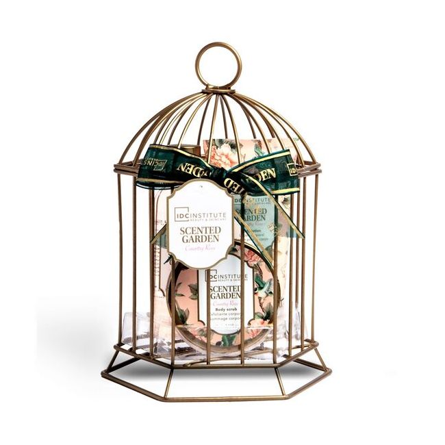 Set  gel dus, lotiune corp, exfoliant si o colivie decorativa Scented Garden Cage, IDC Institute 44007, 240 ml
