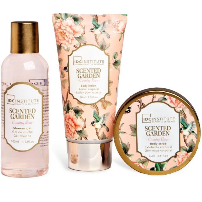 Set  gel dus, lotiune corp, exfoliant si o colivie decorativa Scented Garden Cage, IDC Institute 44007, 240 ml