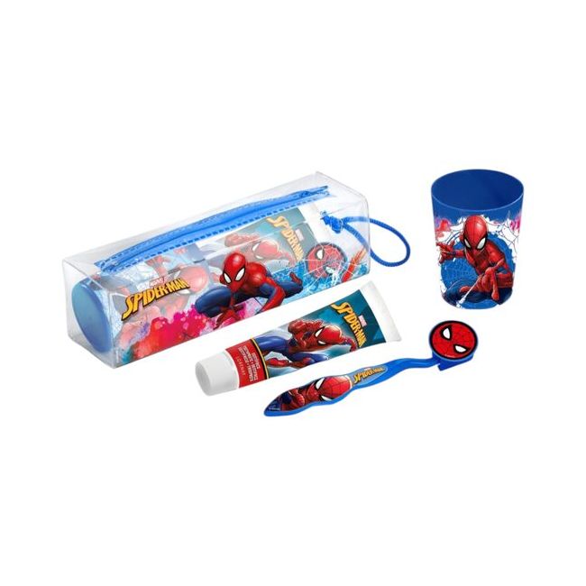 Set ingrijire dentala pentru copii, pahar, pasta de dinti, periuta si etui, Spiderman, 2567
