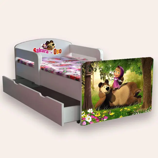 Patut copii de gradinita cu Masha (Sakura) si Oso Mic 2-6 ani 130x60 cm varianta cu sertar si saltea SafeNest CMG51900038676820