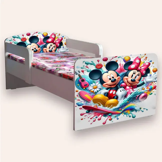 Pat Copii cu MICKEY SI MINNIE Mic 2-6 ani 130x60 cm cu paravane laterale Fara saltea CMG51894033252692
