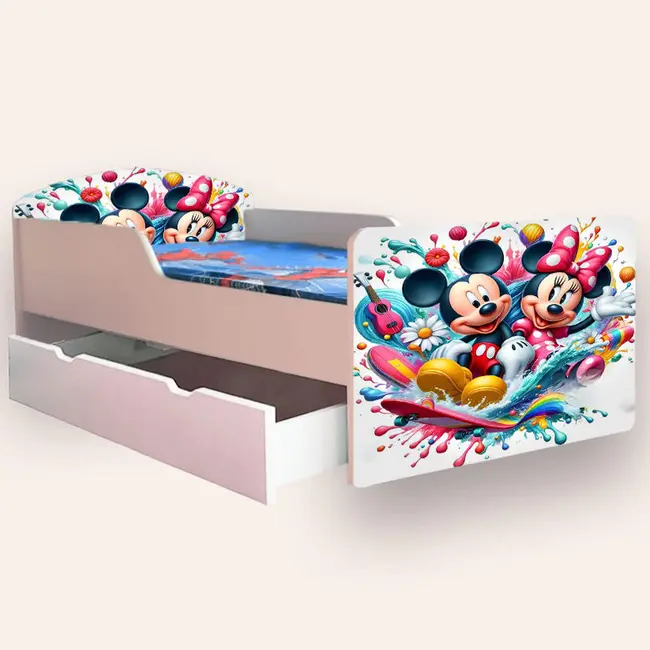 Pat Copii cu MICKEY SI MINNIE Mic 2-6 ani 130x60 cm varianta cu sertar si saltea SafeNest CMG51894052716884
