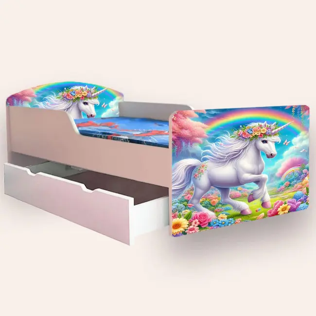 Pat Copii cu UNICORN Varianta 2 Mic 2-6 ani 130x60 cm varianta cu sertar si saltea SafeNest CMG51893945663828