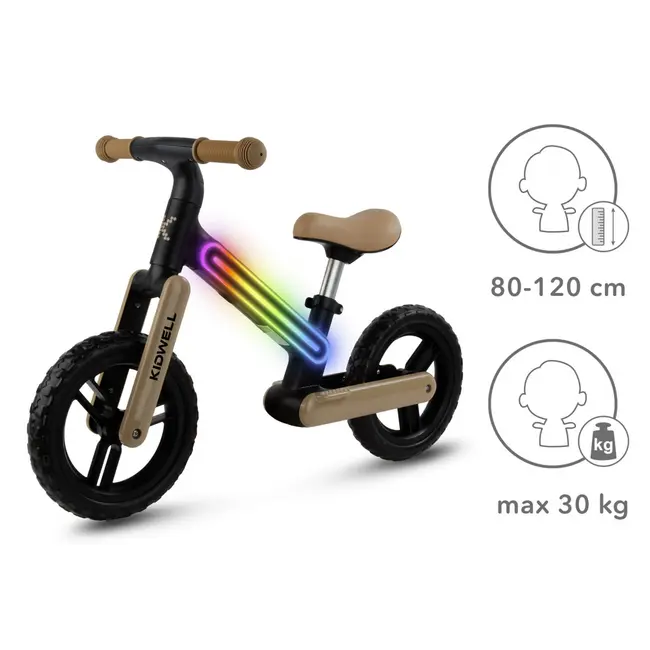 Bicicleta De Echilibru Fara Pedale Pentru Copii, Sa Reglabila, Cu Lumini Led, Roti Eva, 2 Ani+, Suno Black Beige, Kidwell Pjbrobisun03a0