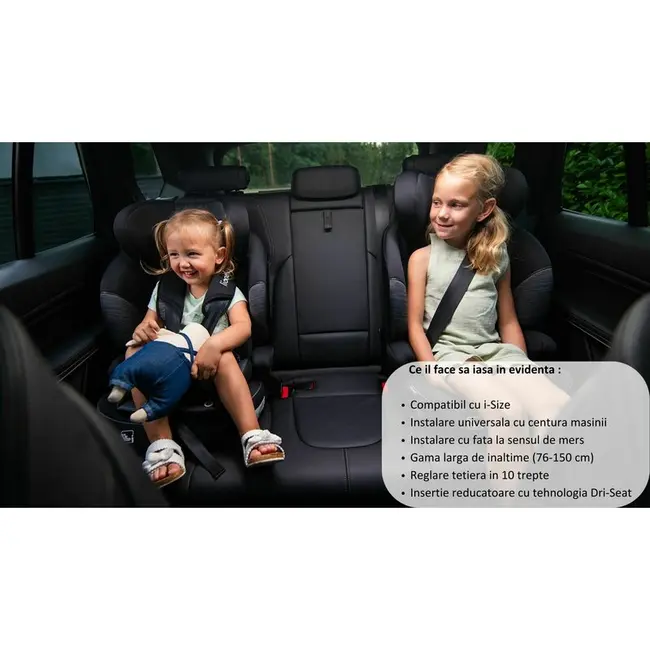 Scaun auto, Lionelo, Levi i-Size, Universal, Instalare FWF, Cu tetiera reglabila in 10 pozitii, Cu spatar detasabil, 76-150 cm, Conform cu R129, Negru BYNLO-LEVI_I-SIZE_SPORTY_BLACK