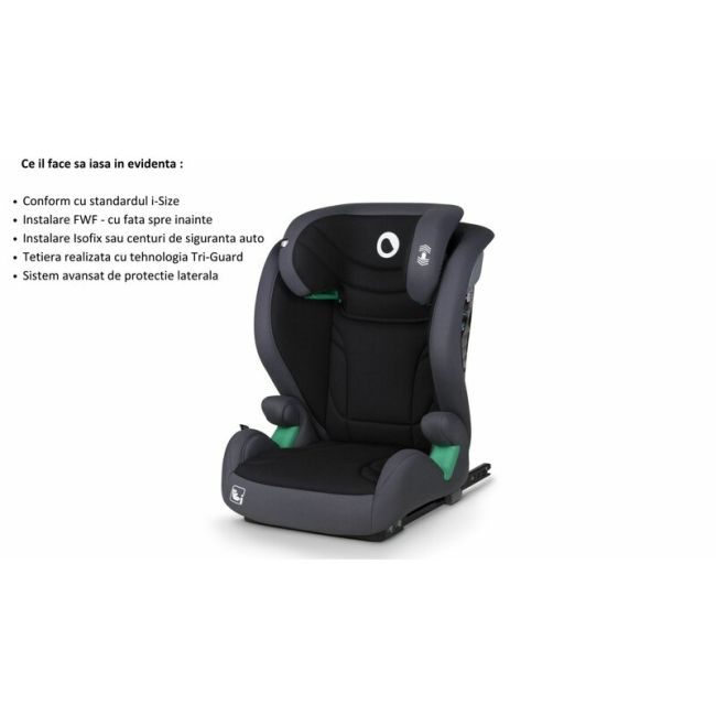 Scaun auto, Lionelo, i-Size Igo, 100- 150 cm, Cu isofix, Protectie laterala, Ajustare spatar in 2 pozitii, Tetiera Tri-Guard reglabila in 11 pozitii, Conform cu standardul european de securitate R129, Gri BYNLO-IGO_I-SIZE_GREY_GRAPHITE