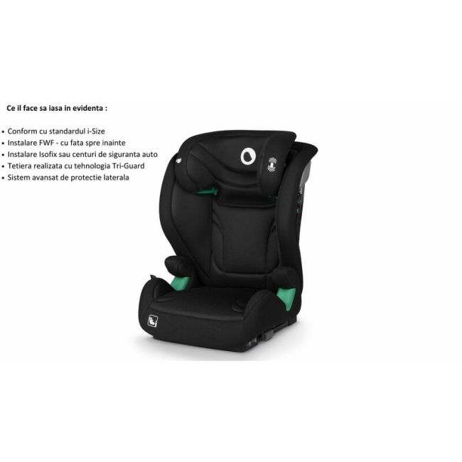 Scaun auto, Lionelo, i-Size Igo, 100- 150 cm, Cu isofix, Protectie laterala, Ajustare spatar in 2 pozitii, Tetiera Tri-Guard reglabila in 11 pozitii, Conform cu standardul european de securitate R129, Negru BYNLO-IGO_I-SIZE_BLACK_CARBON