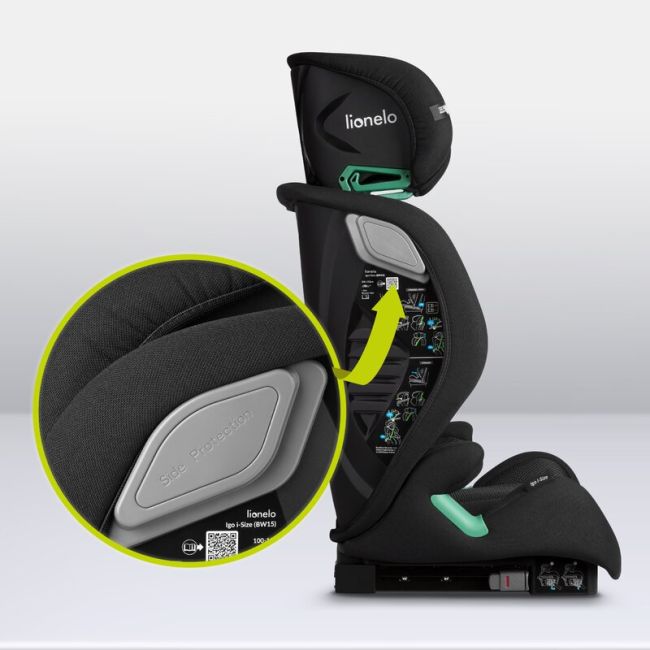 Scaun auto, Lionelo, i-Size Igo, 100- 150 cm, Cu isofix, Protectie laterala, Ajustare spatar in 2 pozitii, Tetiera Tri-Guard reglabila in 11 pozitii, Conform cu standardul european de securitate R129, Negru BYNLO-IGO_I-SIZE_BLACK_CARBON