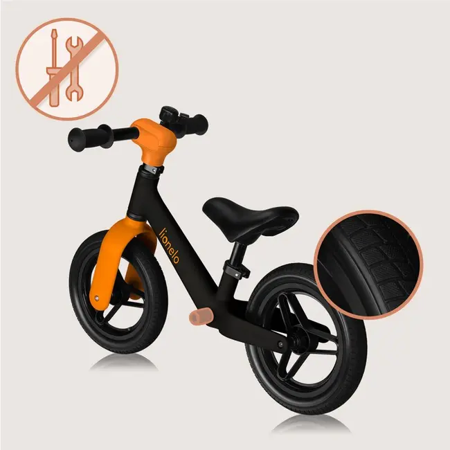 Bicicleta fara pedale, Lionelo, Toni, Cu ghidon si sa reglabile, Ultra usoara, 2.8 Kg, 18 luni+, Sustine 30 kg, Conform cu standardul EN71-1/2/3, Certificata TUV SUD, Portocaliu BYNLO-TONI_BLACK_ORANGE