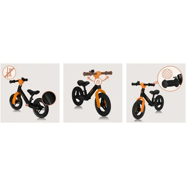 Bicicleta fara pedale, Lionelo, Toni, Cu ghidon si sa reglabile, Ultra usoara, 2.8 Kg, 18 luni+, Sustine 30 kg, Conform cu standardul EN71-1/2/3, Certificata TUV SUD, Portocaliu BYNLO-TONI_BLACK_ORANGE