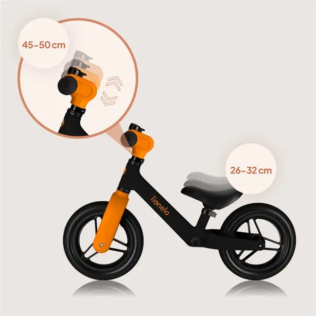 Bicicleta fara pedale, Lionelo, Toni, Cu ghidon si sa reglabile, Ultra usoara, 2.8 Kg, 18 luni+, Sustine 30 kg, Conform cu standardul EN71-1/2/3, Certificata TUV SUD, Portocaliu BYNLO-TONI_BLACK_ORANGE