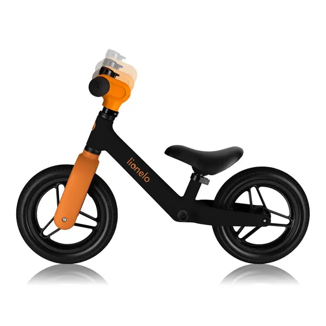 Bicicleta fara pedale, Lionelo, Toni, Cu ghidon si sa reglabile, Ultra usoara, 2.8 Kg, 18 luni+, Sustine 30 kg, Conform cu standardul EN71-1/2/3, Certificata TUV SUD, Portocaliu BYNLO-TONI_BLACK_ORANGE