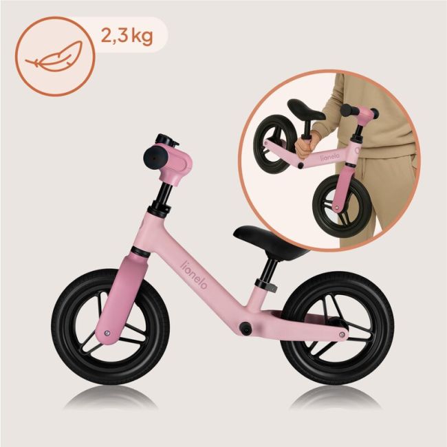 Bicicleta fara pedale, Lionelo, Toni, Cu ghidon si sa reglabile, Ultra usoara, 2.8 Kg, 18 luni+, Sustine 30 kg, Conform cu standardul EN71-1/2/3, Certificata TUV SUD, Roz BYNLO-TONI_PINK_ROSE