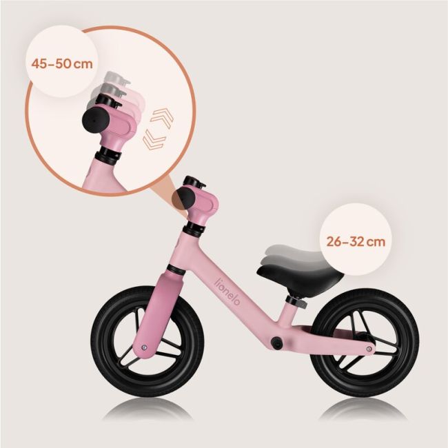 Bicicleta fara pedale, Lionelo, Toni, Cu ghidon si sa reglabile, Ultra usoara, 2.8 Kg, 18 luni+, Sustine 30 kg, Conform cu standardul EN71-1/2/3, Certificata TUV SUD, Roz BYNLO-TONI_PINK_ROSE