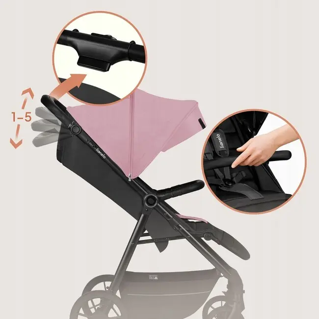 Carucior sport, Lionelo, Mira, Maner reglabil in 5 pozitii, Spatar si suport de picioare reglabile, Plasa de tantari si suport biberon incluse, Pana la 22 kg, 6 luni+, Conform cu EN1888-1, EN1888-2, Testare SGS, Roz BYNLO-MIRA_PINK_ROSE