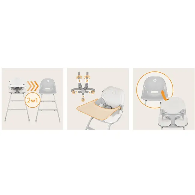 Scaun de masa, Lionelo, Dalia, 2 in 1, Transformabil, Cu 2 suporturi pentru picioare, Cu tavita detasabila, Sustine 60 kg, 6 luni+, Conform cu EN14988, Gri Stone BYNLO-DALIA_GREY_STONE