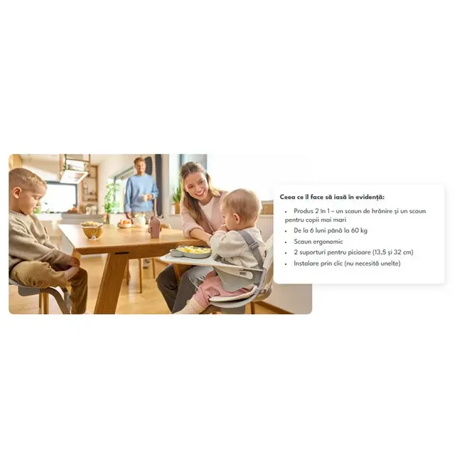 Scaun de masa, Lionelo, Dalia, 2 in 1, Transformabil, Cu 2 suporturi pentru picioare, Cu tavita detasabila, Sustine 60 kg, 6 luni+, Conform cu EN14988, Gri Stone BYNLO-DALIA_GREY_STONE