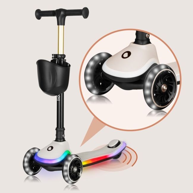 Trotineta pentru copii, Lionelo, Mey, Ultrapliabila, Cu lumini si cosulet, Maner ajustabil pe inaltime, 3 ani+, Pana la 50 Kg, Ultra usor, 2.8 kg, Conform cu standardul EN71-1/2/3, Certificata Intertek, Bej BYNLO-MEY_BEIGE_SAND