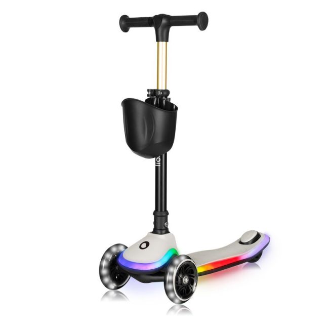 Trotineta pentru copii, Lionelo, Mey, Ultrapliabila, Cu lumini si cosulet, Maner ajustabil pe inaltime, 3 ani+, Pana la 50 Kg, Ultra usor, 2.8 kg, Conform cu standardul EN71-1/2/3, Certificata Intertek, Bej BYNLO-MEY_BEIGE_SAND