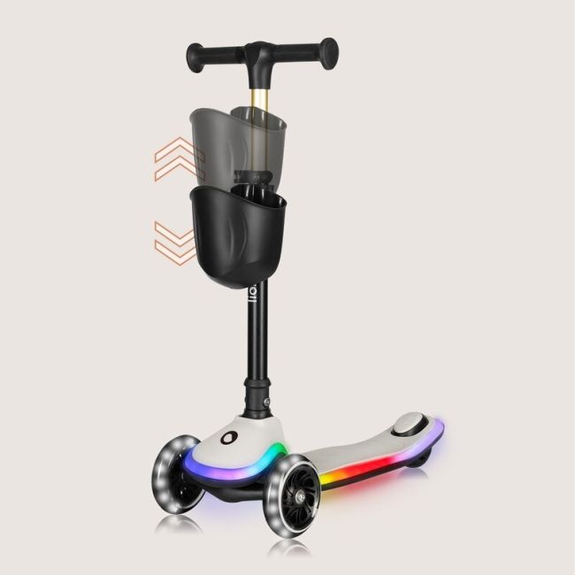 Trotineta pentru copii, Lionelo, Mey, Ultrapliabila, Cu lumini si cosulet, Maner ajustabil pe inaltime, 3 ani+, Pana la 50 Kg, Ultra usor, 2.8 kg, Conform cu standardul EN71-1/2/3, Certificata Intertek, Bej BYNLO-MEY_BEIGE_SAND