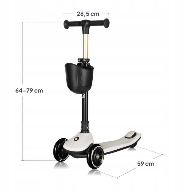 Trotineta pentru copii, Lionelo, Mey, Ultrapliabila, Cu lumini si cosulet, Maner ajustabil pe inaltime, 3 ani+, Pana la 50 Kg, Ultra usor, 2.8 kg, Conform cu standardul EN71-1/2/3, Certificata Intertek, Bej BYNLO-MEY_BEIGE_SAND