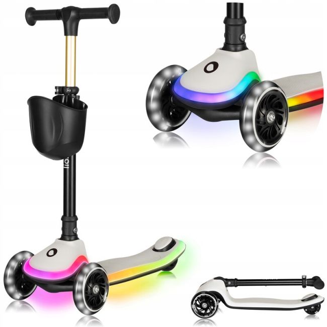 Trotineta pentru copii, Lionelo, Mey, Ultrapliabila, Cu lumini si cosulet, Maner ajustabil pe inaltime, 3 ani+, Pana la 50 Kg, Ultra usor, 2.8 kg, Conform cu standardul EN71-1/2/3, Certificata Intertek, Bej BYNLO-MEY_BEIGE_SAND
