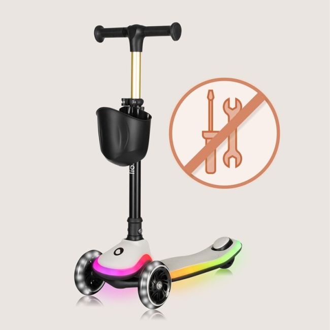 Trotineta pentru copii, Lionelo, Mey, Ultrapliabila, Cu lumini si cosulet, Maner ajustabil pe inaltime, 3 ani+, Pana la 50 Kg, Ultra usor, 2.8 kg, Conform cu standardul EN71-1/2/3, Certificata Intertek, Bej BYNLO-MEY_BEIGE_SAND