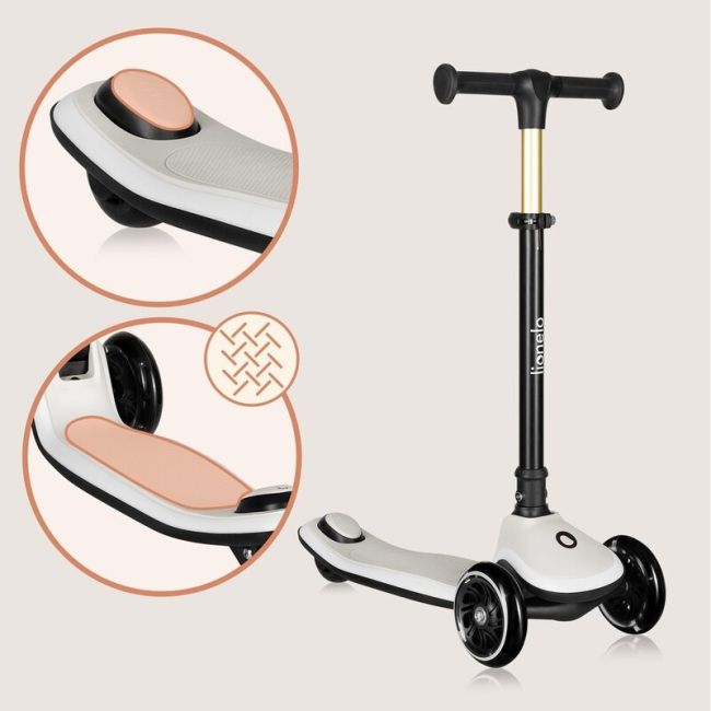 Trotineta pentru copii, Lionelo, Mey, Ultrapliabila, Cu lumini si cosulet, Maner ajustabil pe inaltime, 3 ani+, Pana la 50 Kg, Ultra usor, 2.8 kg, Conform cu standardul EN71-1/2/3, Certificata Intertek, Bej BYNLO-MEY_BEIGE_SAND