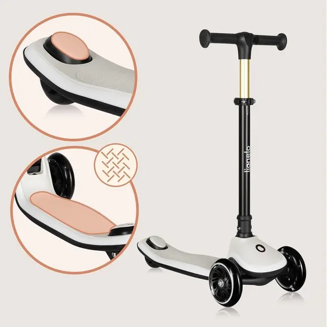 Trotineta pentru copii, Lionelo, Mey, Ultrapliabila, Cu lumini si cosulet, Maner ajustabil pe inaltime, 3 ani+, Pana la 50 Kg, Ultra usor, 2.8 kg, Conform cu standardul EN71-1/2/3, Certificata Intertek, Bej BYNLO-MEY_BEIGE_SAND
