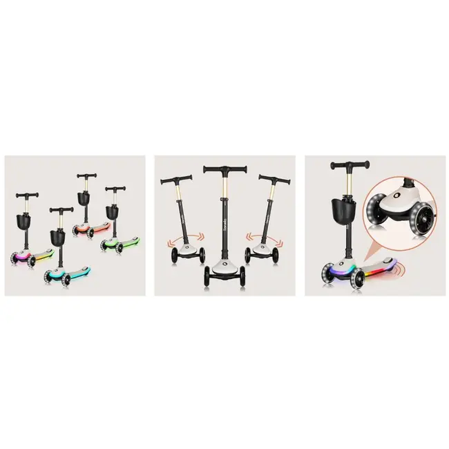 Trotineta pentru copii, Lionelo, Mey, Ultrapliabila, Cu lumini si cosulet, Maner ajustabil pe inaltime, 3 ani+, Pana la 50 Kg, Ultra usor, 2.8 kg, Conform cu standardul EN71-1/2/3, Certificata Intertek, Bej BYNLO-MEY_BEIGE_SAND