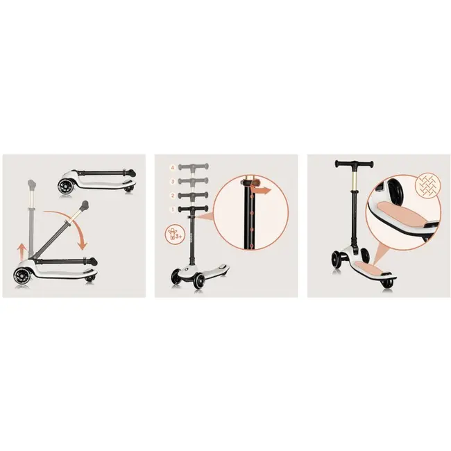 Trotineta pentru copii, Lionelo, Mey, Ultrapliabila, Cu lumini si cosulet, Maner ajustabil pe inaltime, 3 ani+, Pana la 50 Kg, Ultra usor, 2.8 kg, Conform cu standardul EN71-1/2/3, Certificata Intertek, Bej BYNLO-MEY_BEIGE_SAND