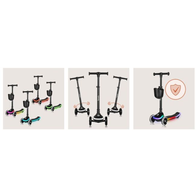 Trotineta pentru copii, Lionelo, Mey, Ultrapliabila, Cu lumini si cosulet, Maner ajustabil pe inaltime, 3 ani+, Pana la 50 Kg, Ultra usor, 2.8 kg, Conform cu standardul EN71-1/2/3, Certificata Intertek, Negru BYNLO-MEY_BLACK_ONYX