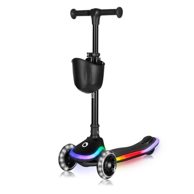 Trotineta pentru copii, Lionelo, Mey, Ultrapliabila, Cu lumini si cosulet, Maner ajustabil pe inaltime, 3 ani+, Pana la 50 Kg, Ultra usor, 2.8 kg, Conform cu standardul EN71-1/2/3, Certificata Intertek, Negru BYNLO-MEY_BLACK_ONYX