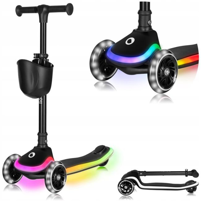 Trotineta pentru copii, Lionelo, Mey, Ultrapliabila, Cu lumini si cosulet, Maner ajustabil pe inaltime, 3 ani+, Pana la 50 Kg, Ultra usor, 2.8 kg, Conform cu standardul EN71-1/2/3, Certificata Intertek, Negru BYNLO-MEY_BLACK_ONYX