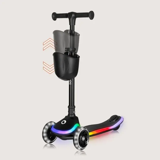 Trotineta pentru copii, Lionelo, Mey, Ultrapliabila, Cu lumini si cosulet, Maner ajustabil pe inaltime, 3 ani+, Pana la 50 Kg, Ultra usor, 2.8 kg, Conform cu standardul EN71-1/2/3, Certificata Intertek, Negru BYNLO-MEY_BLACK_ONYX