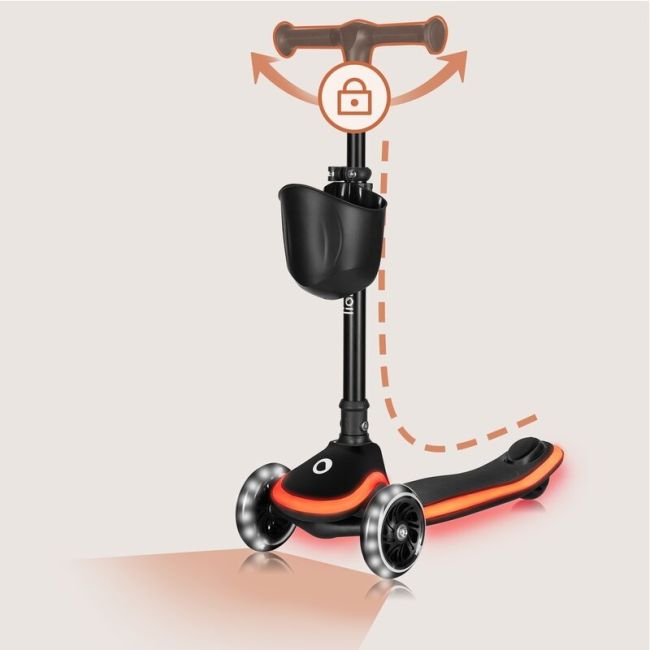 Trotineta pentru copii, Lionelo, Mey, Ultrapliabila, Cu lumini si cosulet, Maner ajustabil pe inaltime, 3 ani+, Pana la 50 Kg, Ultra usor, 2.8 kg, Conform cu standardul EN71-1/2/3, Certificata Intertek, Negru BYNLO-MEY_BLACK_ONYX
