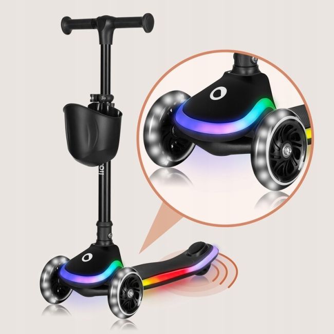 Trotineta pentru copii, Lionelo, Mey, Ultrapliabila, Cu lumini si cosulet, Maner ajustabil pe inaltime, 3 ani+, Pana la 50 Kg, Ultra usor, 2.8 kg, Conform cu standardul EN71-1/2/3, Certificata Intertek, Negru BYNLO-MEY_BLACK_ONYX