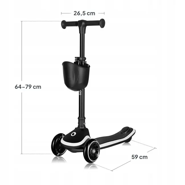 Trotineta pentru copii, Lionelo, Mey, Ultrapliabila, Cu lumini si cosulet, Maner ajustabil pe inaltime, 3 ani+, Pana la 50 Kg, Ultra usor, 2.8 kg, Conform cu standardul EN71-1/2/3, Certificata Intertek, Negru BYNLO-MEY_BLACK_ONYX