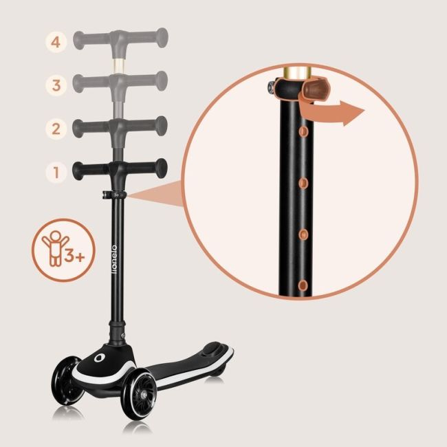 Trotineta pentru copii, Lionelo, Mey, Ultrapliabila, Cu lumini si cosulet, Maner ajustabil pe inaltime, 3 ani+, Pana la 50 Kg, Ultra usor, 2.8 kg, Conform cu standardul EN71-1/2/3, Certificata Intertek, Negru BYNLO-MEY_BLACK_ONYX