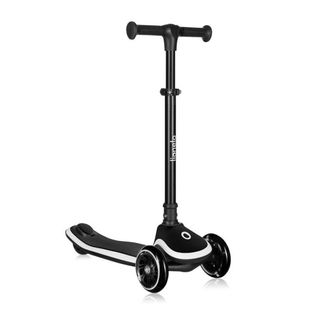 Trotineta pentru copii, Lionelo, Mey, Ultrapliabila, Cu lumini si cosulet, Maner ajustabil pe inaltime, 3 ani+, Pana la 50 Kg, Ultra usor, 2.8 kg, Conform cu standardul EN71-1/2/3, Certificata Intertek, Negru BYNLO-MEY_BLACK_ONYX
