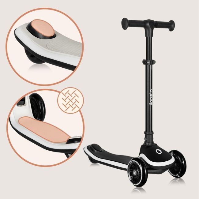 Trotineta pentru copii, Lionelo, Mey, Ultrapliabila, Cu lumini si cosulet, Maner ajustabil pe inaltime, 3 ani+, Pana la 50 Kg, Ultra usor, 2.8 kg, Conform cu standardul EN71-1/2/3, Certificata Intertek, Negru BYNLO-MEY_BLACK_ONYX