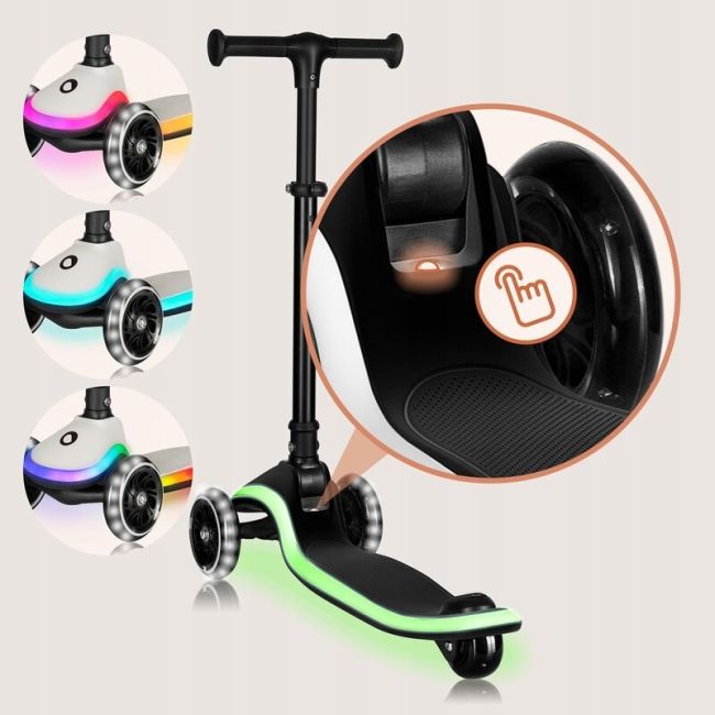Trotineta pentru copii, Lionelo, Mey, Ultrapliabila, Cu lumini si cosulet, Maner ajustabil pe inaltime, 3 ani+, Pana la 50 Kg, Ultra usor, 2.8 kg, Conform cu standardul EN71-1/2/3, Certificata Intertek, Negru BYNLO-MEY_BLACK_ONYX