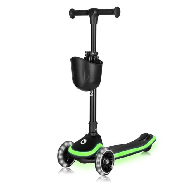 Trotineta pentru copii, Lionelo, Mey, Ultrapliabila, Cu lumini si cosulet, Maner ajustabil pe inaltime, 3 ani+, Pana la 50 Kg, Ultra usor, 2.8 kg, Conform cu standardul EN71-1/2/3, Certificata Intertek, Negru BYNLO-MEY_BLACK_ONYX