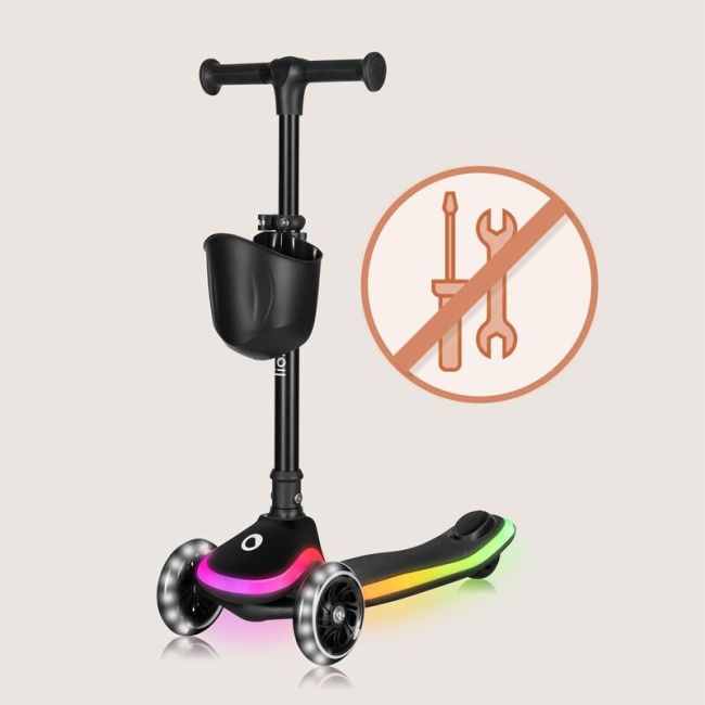Trotineta pentru copii, Lionelo, Mey, Ultrapliabila, Cu lumini si cosulet, Maner ajustabil pe inaltime, 3 ani+, Pana la 50 Kg, Ultra usor, 2.8 kg, Conform cu standardul EN71-1/2/3, Certificata Intertek, Negru BYNLO-MEY_BLACK_ONYX
