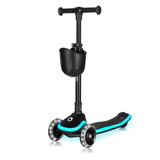 Trotineta pentru copii, Lionelo, Mey, Ultrapliabila, Cu lumini si cosulet, Maner ajustabil pe inaltime, 3 ani+, Pana la 50 Kg, Ultra usor, 2.8 kg, Conform cu standardul EN71-1/2/3, Certificata Intertek, Negru BYNLO-MEY_BLACK_ONYX