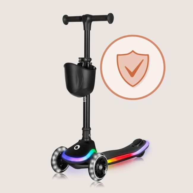 Trotineta pentru copii, Lionelo, Mey, Ultrapliabila, Cu lumini si cosulet, Maner ajustabil pe inaltime, 3 ani+, Pana la 50 Kg, Ultra usor, 2.8 kg, Conform cu standardul EN71-1/2/3, Certificata Intertek, Negru BYNLO-MEY_BLACK_ONYX