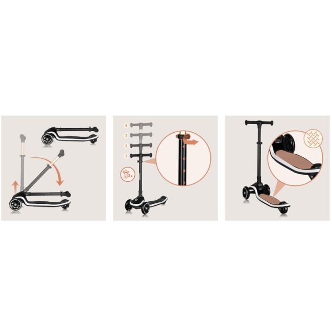 Trotineta pentru copii, Lionelo, Mey, Ultrapliabila, Cu lumini si cosulet, Maner ajustabil pe inaltime, 3 ani+, Pana la 50 Kg, Ultra usor, 2.8 kg, Conform cu standardul EN71-1/2/3, Certificata Intertek, Negru BYNLO-MEY_BLACK_ONYX