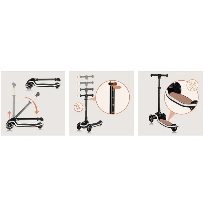 Trotineta pentru copii, Lionelo, Mey, Ultrapliabila, Cu lumini si cosulet, Maner ajustabil pe inaltime, 3 ani+, Pana la 50 Kg, Ultra usor, 2.8 kg, Conform cu standardul EN71-1/2/3, Certificata Intertek, Negru BYNLO-MEY_BLACK_ONYX