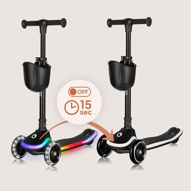 Trotineta pentru copii, Lionelo, Mey, Ultrapliabila, Cu lumini si cosulet, Maner ajustabil pe inaltime, 3 ani+, Pana la 50 Kg, Ultra usor, 2.8 kg, Conform cu standardul EN71-1/2/3, Certificata Intertek, Negru BYNLO-MEY_BLACK_ONYX